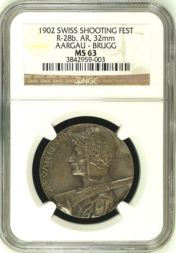 Swiss 1902 Silver Shooting Medal Aargau Brugg R-28b NGC MS63 Mintage-530 Box