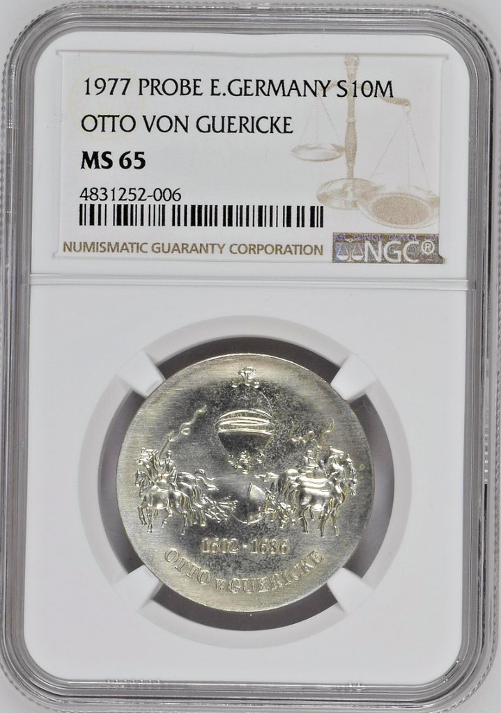 East Germany DDR 1977 Silver Probe 10 Marks Otto von Guericke NGC MS65