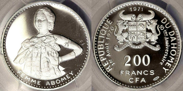 1971 Dahomey Silver 200 Francs PCGS PF68 10th Independence Abomey Woman