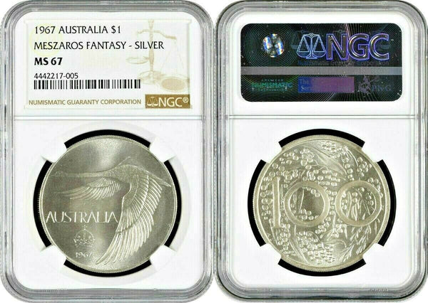 1967 Australia Silver Dollar Black Swan in Flight Meszaros Fantasy NGC MS67