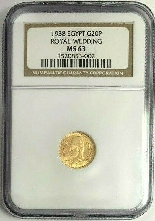 Egypt 1938 Gold 20 Piastres Marriage of King Farouk I Lady Farida NGC MS63