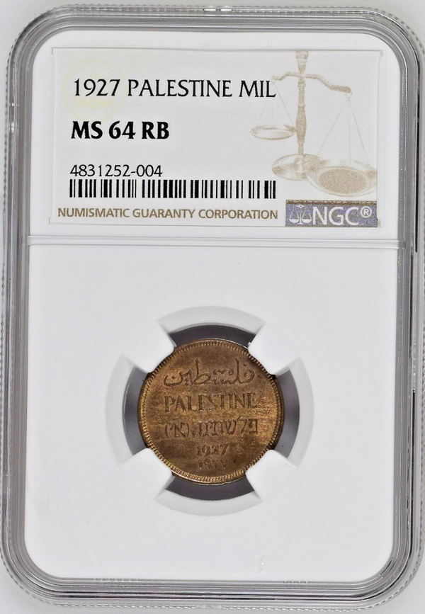 1927 British Palestine 1 Mil Bronze NGC MS64 RB Red Brown