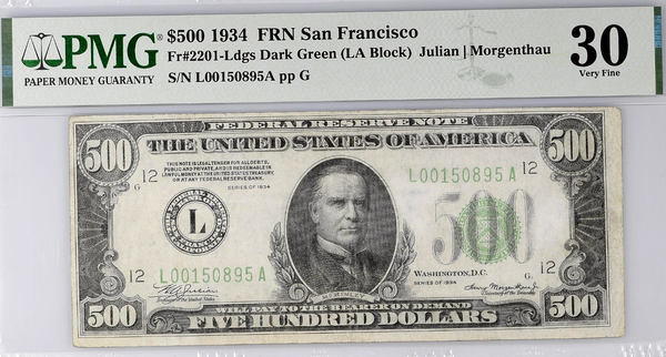 1934 $500 Federal Reserve Note San Francisco PMG VF30 Fr#2201-Ldgs Dark Green