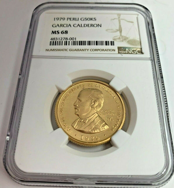 Peru 1979 Gold 50000 Soles Francisco García Calderón Pacific War NGC MS68 TopPop