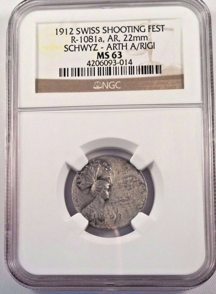 Rare Swiss 1912 Silver Shooting Medal Swyz Arth A/Rigi R-1081a Woman NGC MS63