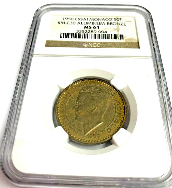 Monaco 1950 Coin 50 Francs Prince Rainier III NGC MS64 Mintage-1,700 KM# E30