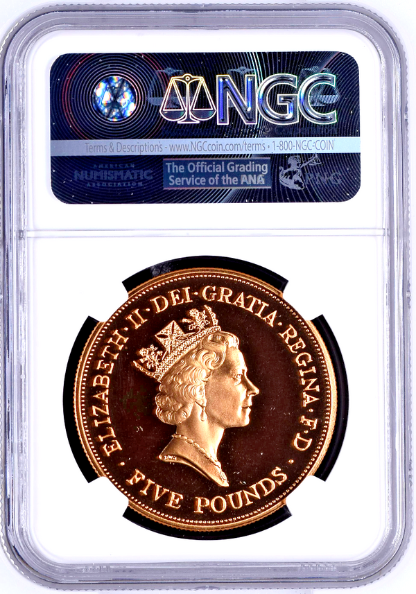 Great Britain 1990 Gold 5 Pounds Queen Mother 90th Birthday NGC PF69 Mint-2,500