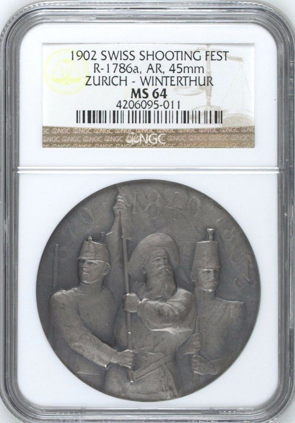 Rare Swiss 1902 Silver Shooting Medal Zurich Winterthur NGC MS64 R-1786a
