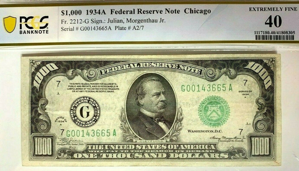 1934A $1000 Bill Federal Reserve Note Chicago PCGS EF40 Fr.2212-G