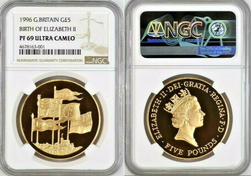 Great Britain 1996 Gold 5 Pounds Queen's 70th Birthday £5 Elizabeth II NGC PF69