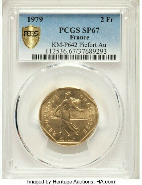 France 1979 Specimen Gold Proof 2 Francs Piefort Paris PCGS SP67 Mintage-600
