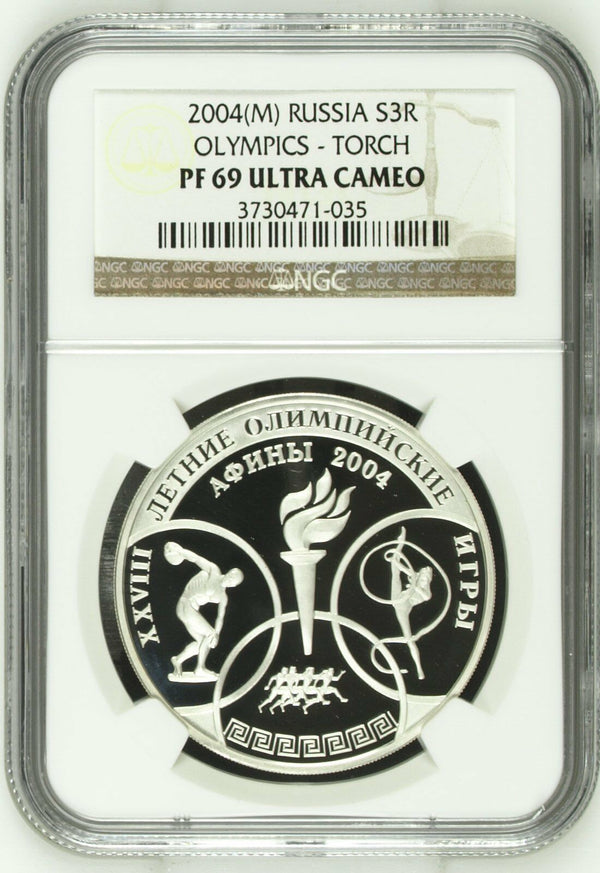 Russia 2004 Silver 3 Roubles XXVIII Sommer Olympics Torch Athens Greece NGC PF69