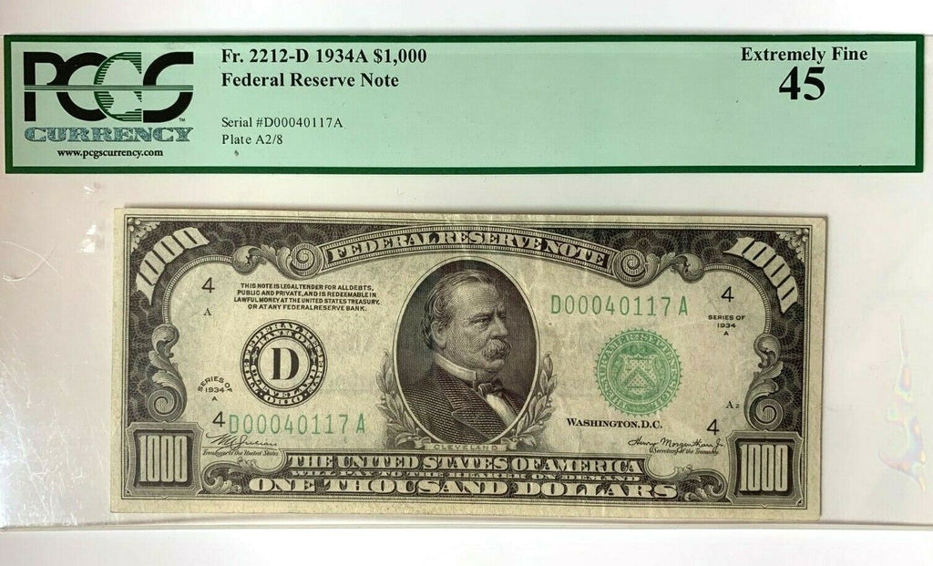 1934A $1000 Bill Federal Reserve Note Cleveland PCGS EF45 Fr2212-D