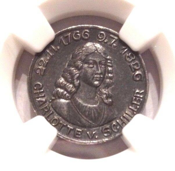 1920 Germany Notgeld Coin 10 Pfennig Rudolfstadt Charlotte Schiller NGC MS63