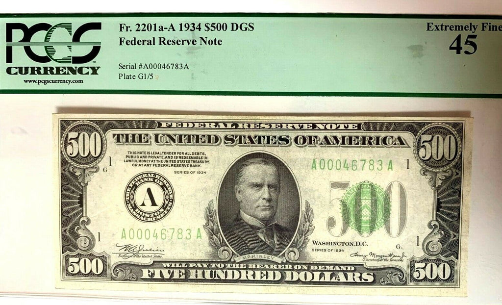 1934 $500 Bill Federal Reserve Note Boston PCGS XF45 Fr.2201-A