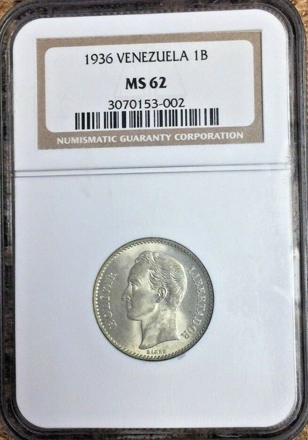 Venezuela 1936 Silver Coin 1 Bolivar Simon NGC MS62