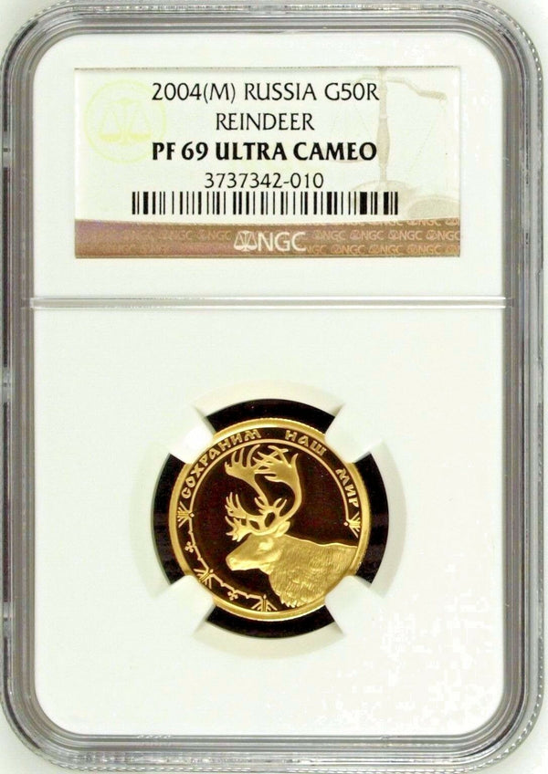 2004 Russia Gold 50 Roubles Safe Our World Reindeer Mintage-1500 NGC PF69 Rare