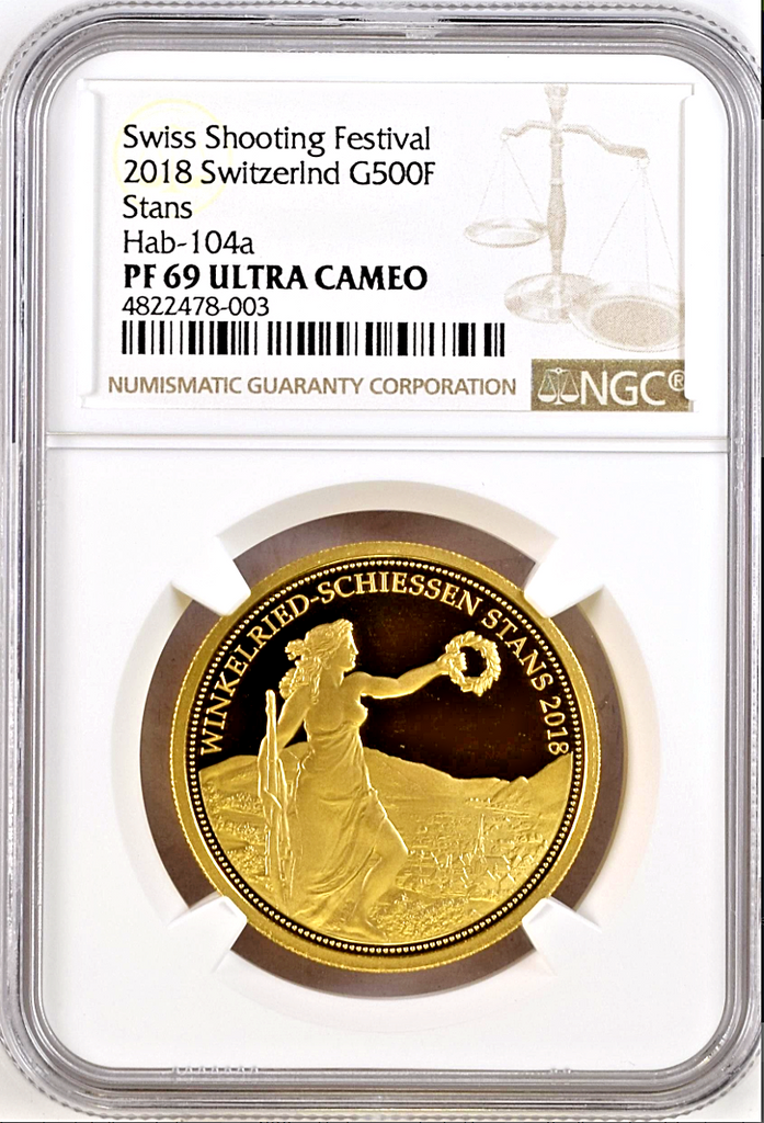 Swiss 2018 Gold Shooting Thaler 500 Francs Glarus NGC PF69 Hab-104a Mintage-275