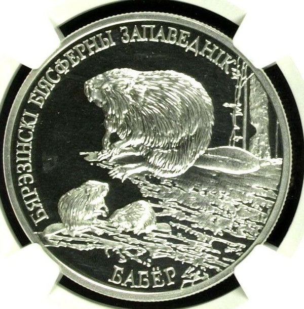 2002 Belarus Silver 20 Roubles European Beaver Wildlife NGC PF66 Low Mintage