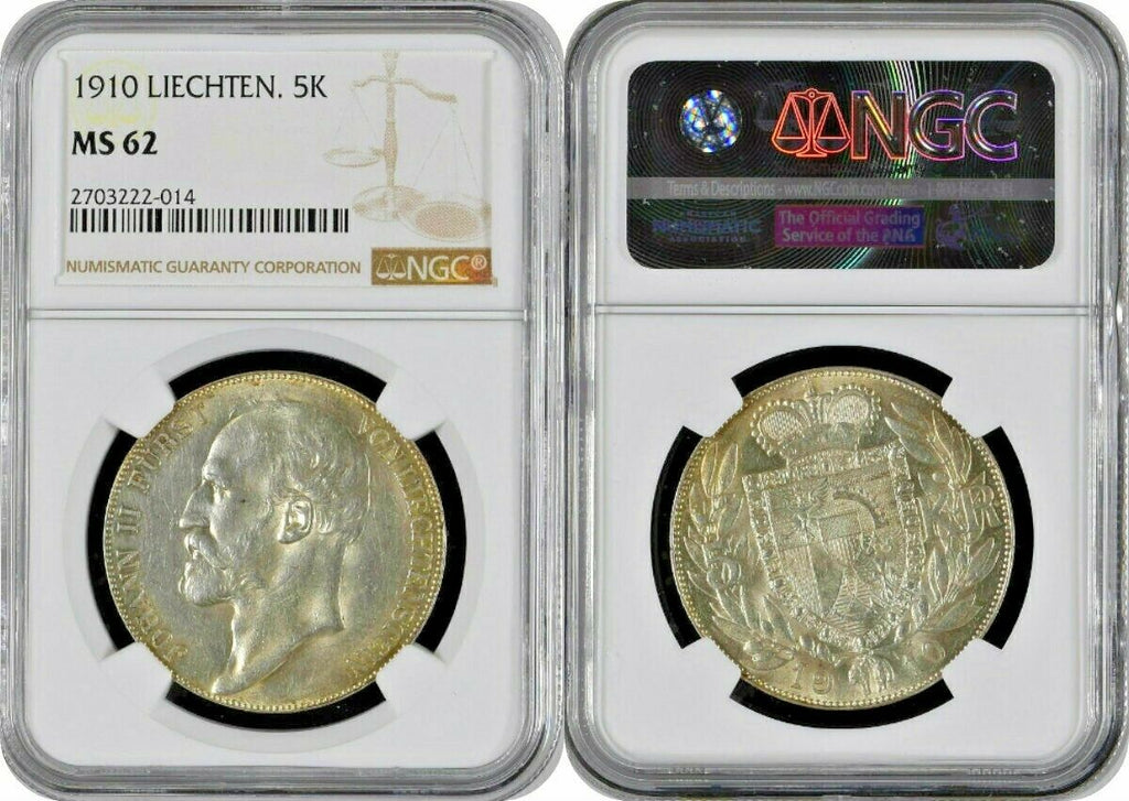 Liechtenstein 1910 Silver 5 Kronen John Johann II Fürst NGC MS62 Mintage-10,000