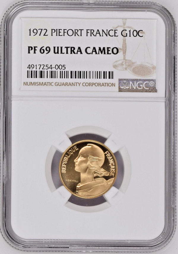 Rare France 1972 Gold Piéfort Coin 10 Centimes Mintage-75 NGC PF69 Top Pop