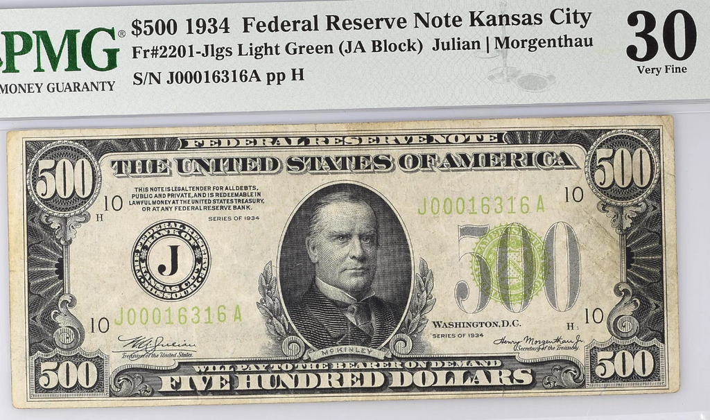 1934 $500 Federal Reserve Note Kansas City PMG VF30 Fr#2202-JLgs Light Green
