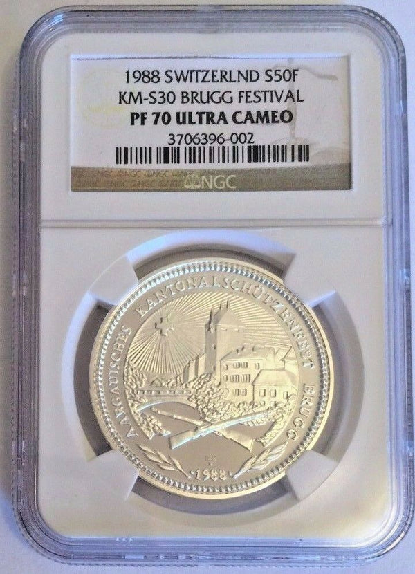 Switzerland 1988 Silver 50 Francs Shooting Thaler Aargau Brugg NGC PF70