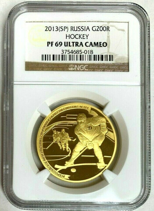 Russia 2013 Gold 200 Roubles 1oz Winter Sport Dynamo Hockey NGC PF69 Mintage-500