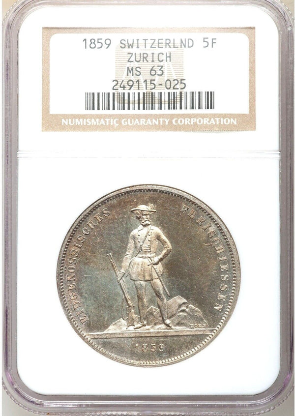 Swiss 1859 Silver Confederation Shooting Fest 5 Francs Zurich R-1723a NGC MS63