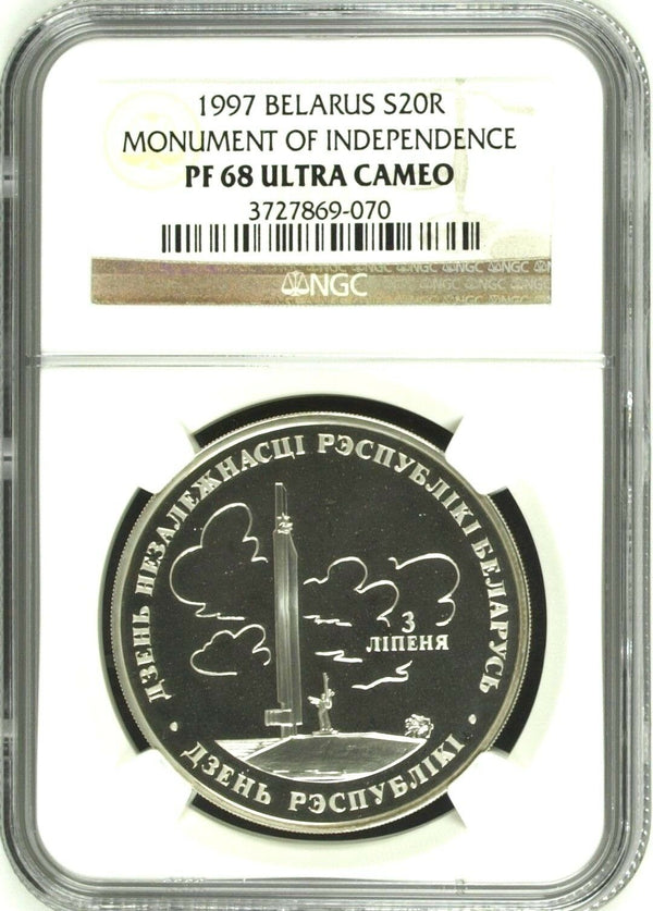 1997 Belarus Silver 20 Roubles Monument of Independence Republic Day NGC PF68