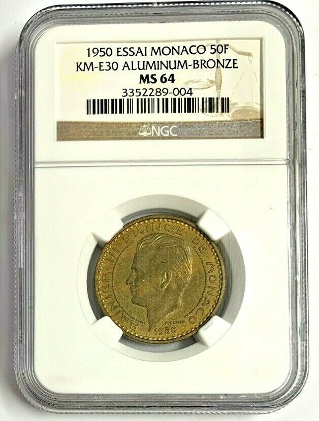 Monaco 1950 Coin 50 Francs Prince Rainier III NGC MS64 Mintage-1,700 KM# E30