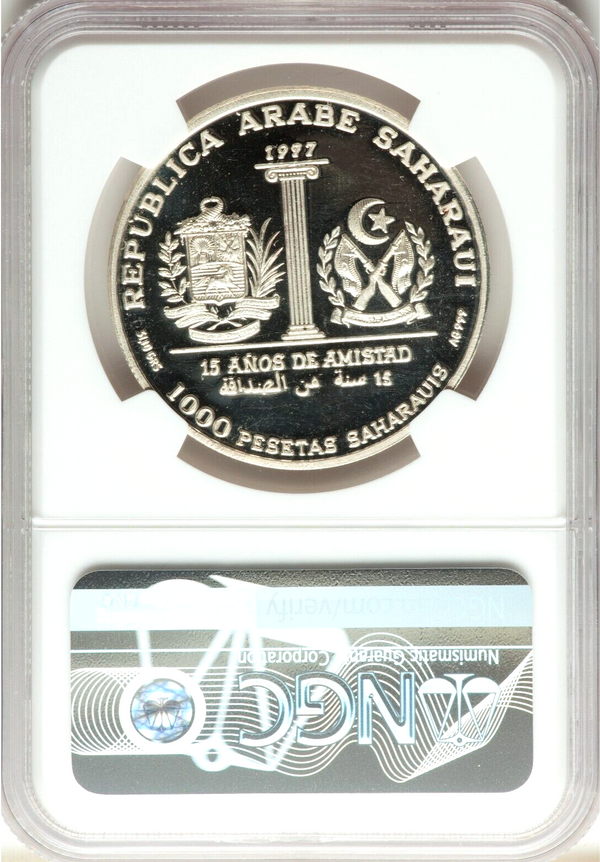 Saharawi 1997 Silver 1000 Pesetas Simon Bolivar Venezuela NGC PF67 Mintage-800