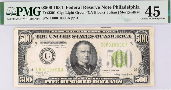 1934 $500 Federal Reserve Note Philadelphia PMG XF45 Fr#2201-Clgs Light Green