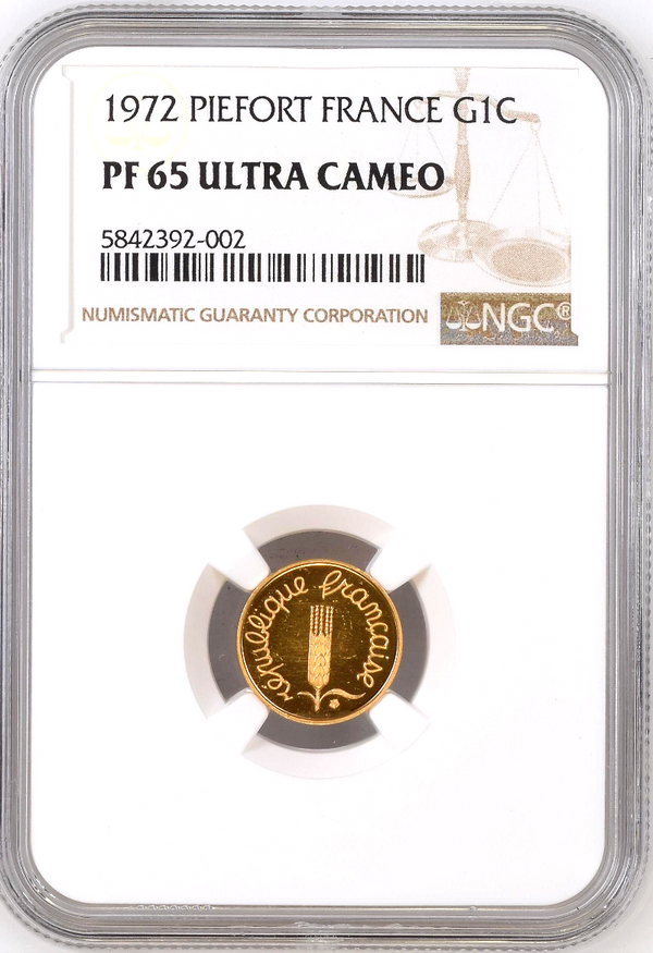 Rare France 1972 Gold Piefort Coin 1 Centime Paris NGC PF65 Mintage-75