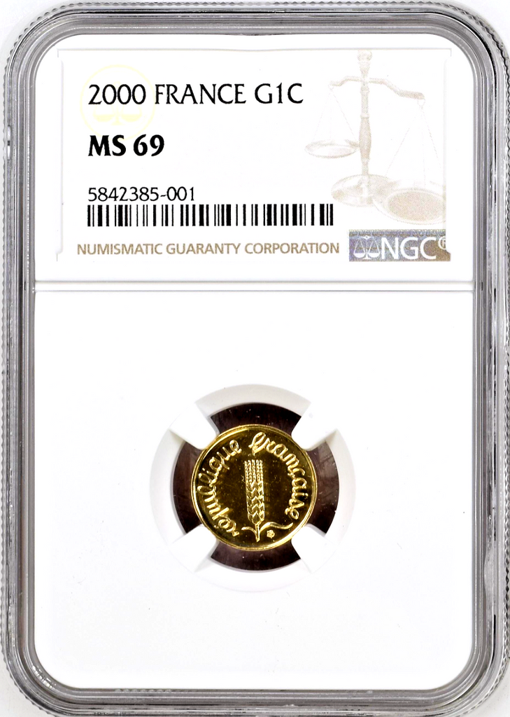 Rare France 2000 Gold Coin 1 Centime Paris 5th republic NGC MS69 Top Pop
